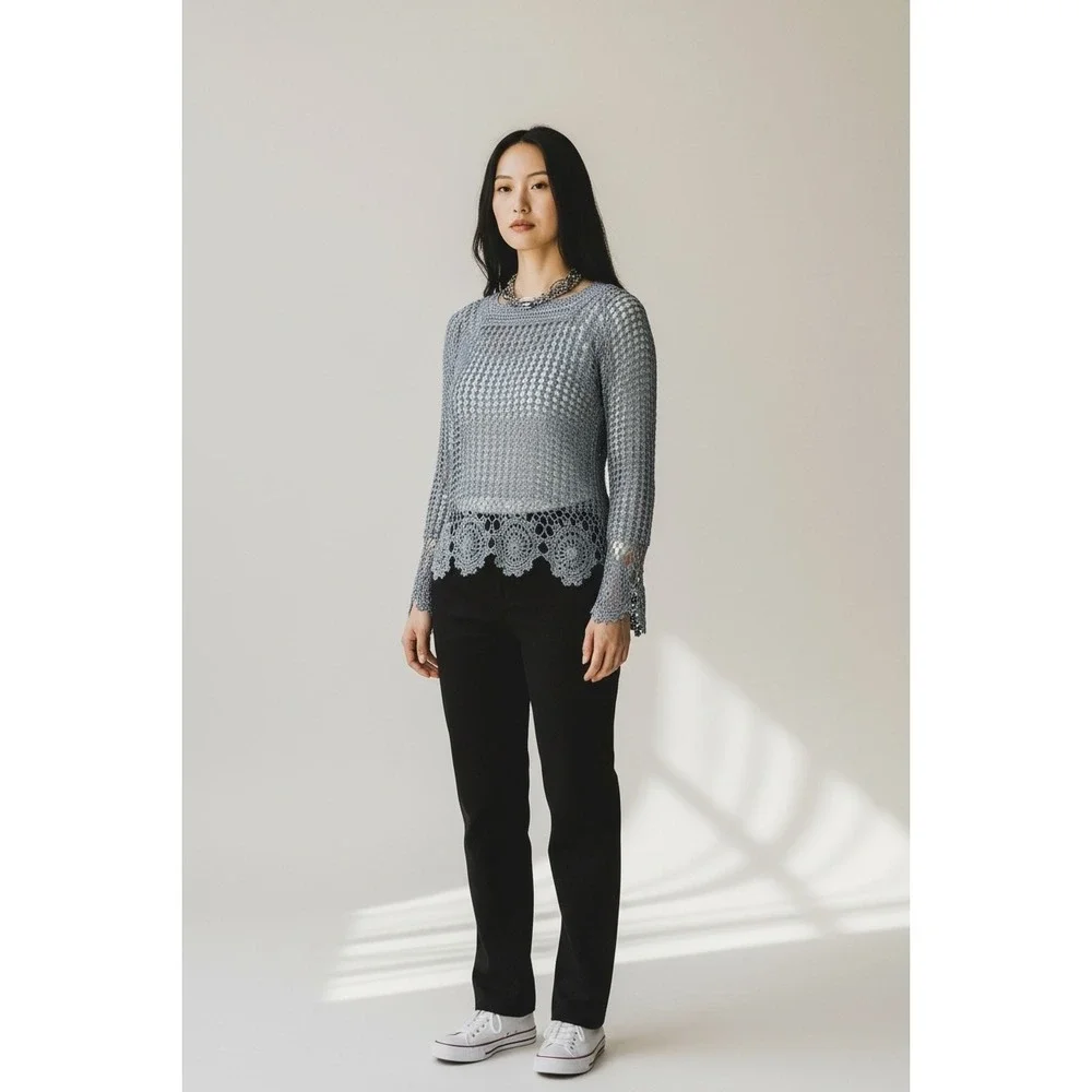 BCBGMAXAZRIA Hand Crochet Top L Silver Blue‎ Gray Open Knit Boho Sheer Scallop